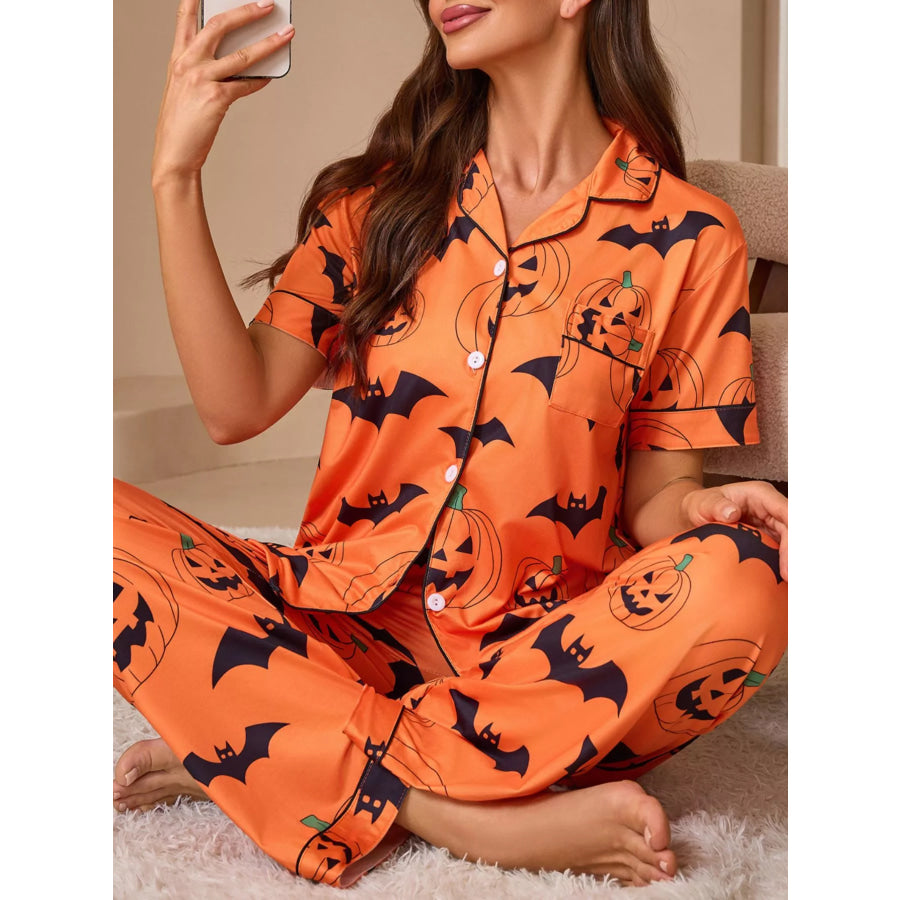 Halloween Pumpkin and Bat Print Button-Down Top and Pants Lounge Set Orange / S Apparel and Accessories