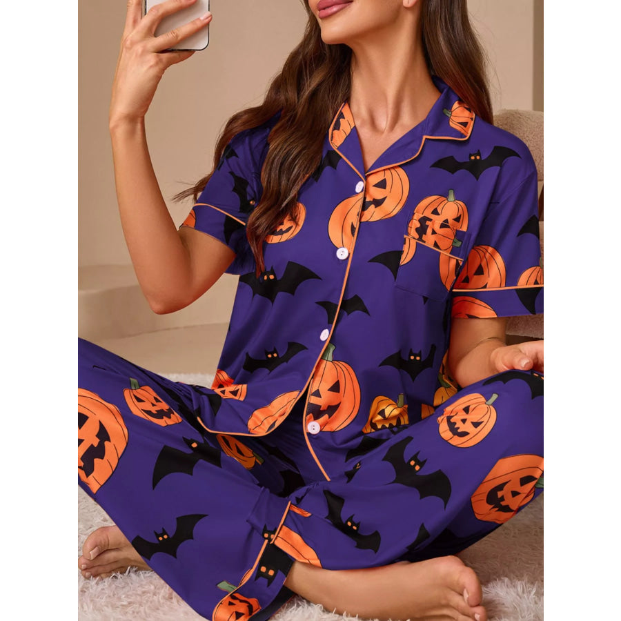 Halloween Pumpkin and Bat Print Button-Down Top and Pants Lounge Set Purple / S Apparel and Accessories