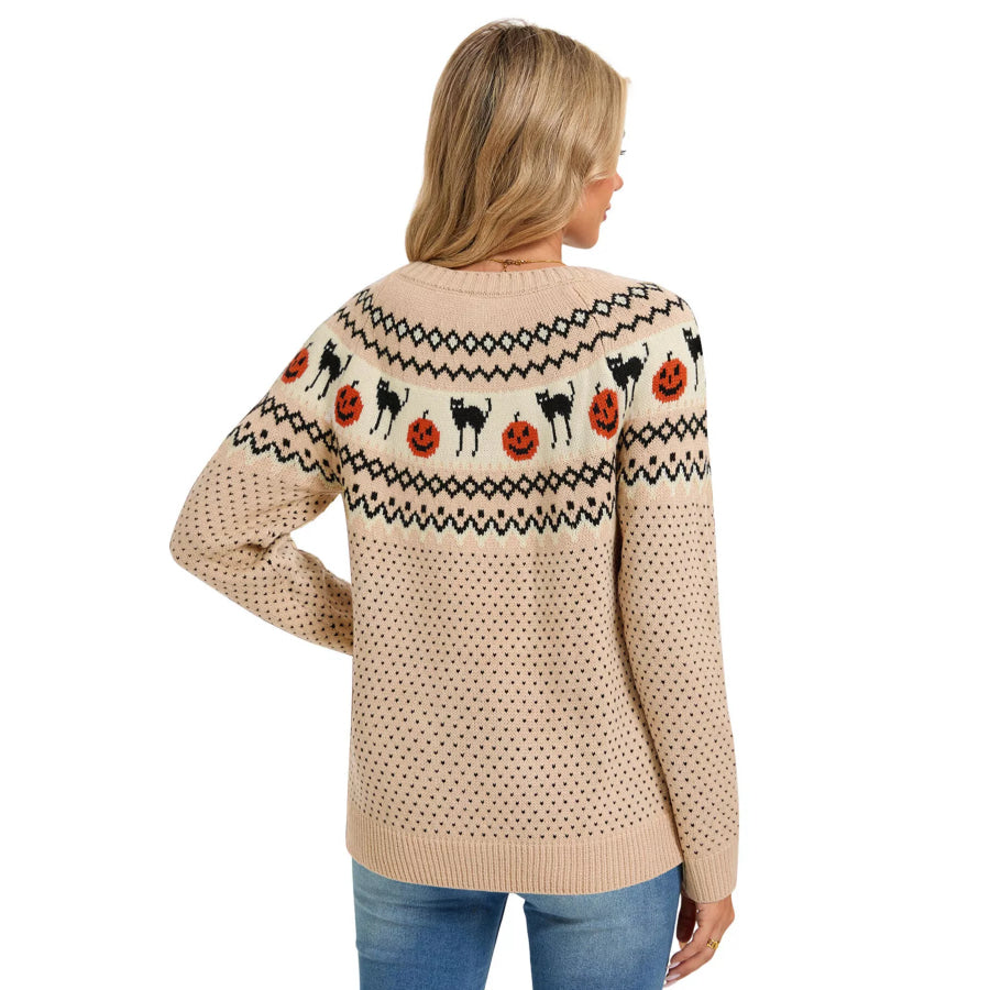 Halloween Pumpkin and Cat Pattern Knit Round Neck Sweater Apparel and Accessories