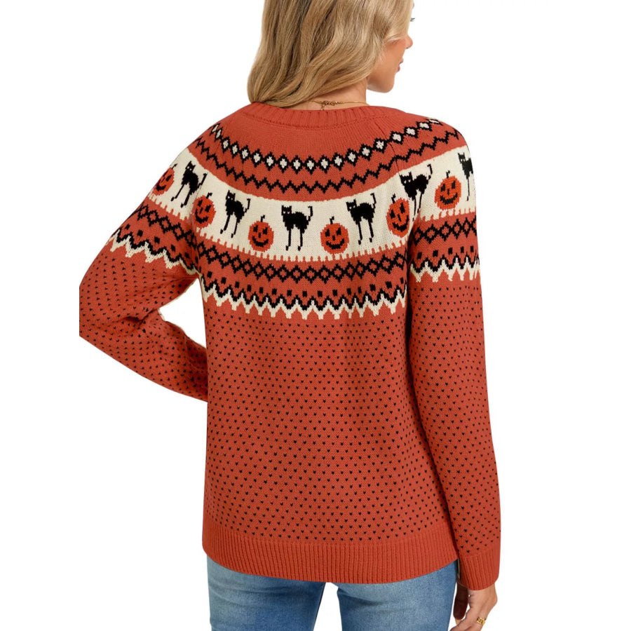 Halloween Pumpkin and Cat Pattern Knit Round Neck Sweater Apparel and Accessories
