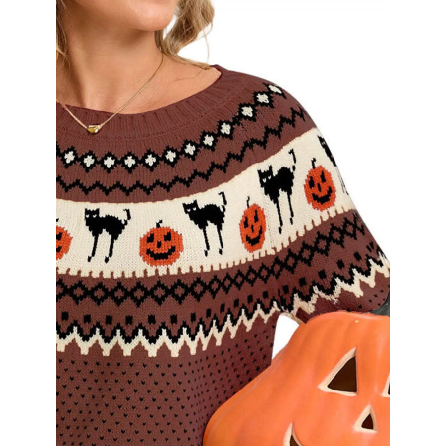Halloween Pumpkin and Cat Pattern Knit Round Neck Sweater Apparel and Accessories