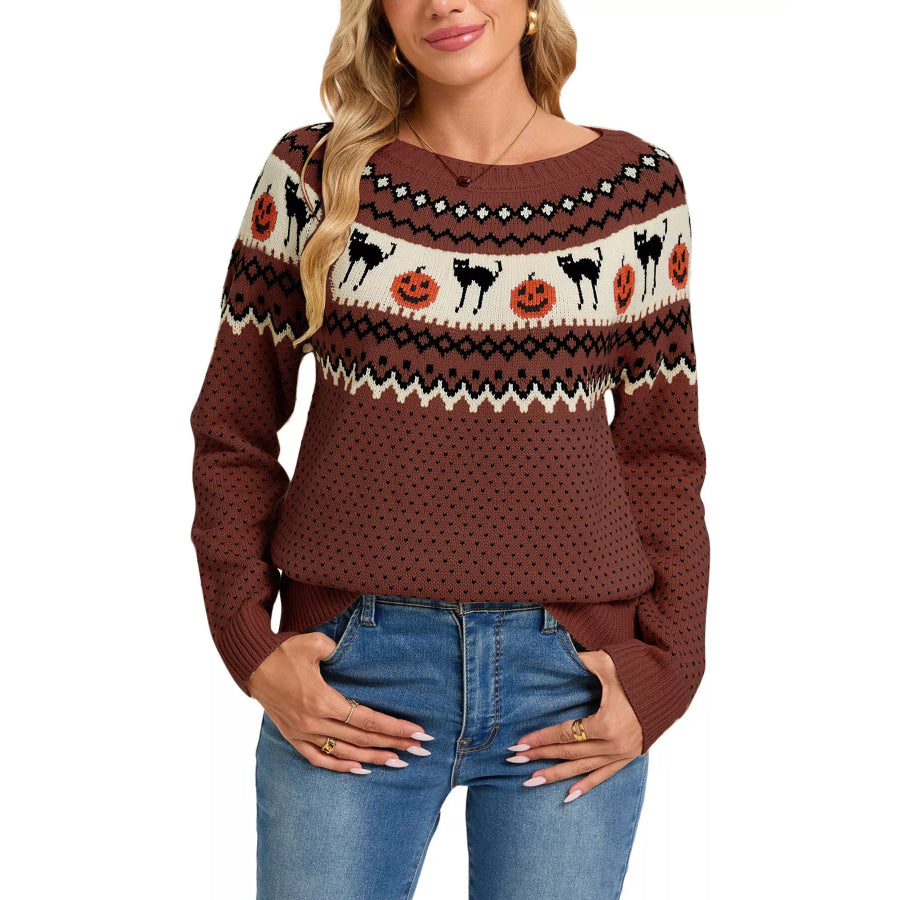 Halloween Pumpkin and Cat Pattern Knit Round Neck Sweater Brown / S Apparel and Accessories