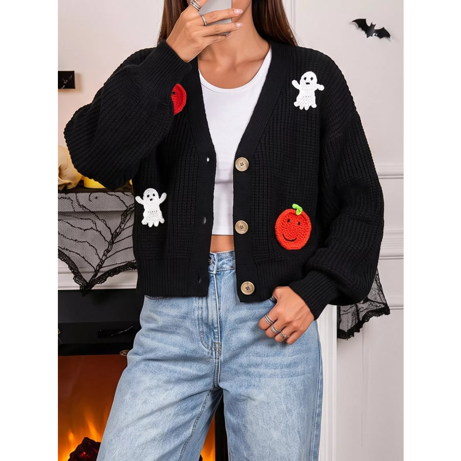 Halloween Pumpkin and Ghost Applique Knit Cardigan Apparel Accessories