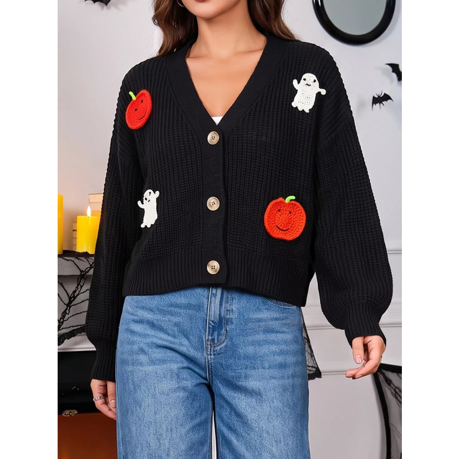 Halloween Pumpkin and Ghost Applique Knit Cardigan Black / S Apparel Accessories