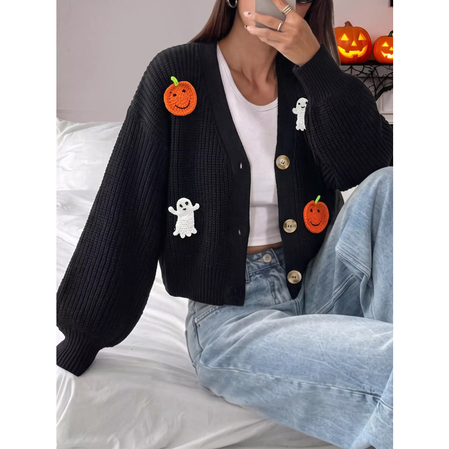 Halloween Pumpkin and Ghost Applique Knit Cardigan Black / S Apparel Accessories