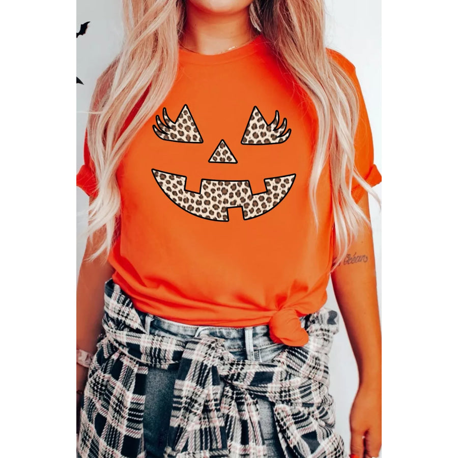 Halloween Pumpkin Face Leopard Graphic T-Shirt Apparel and Accessories