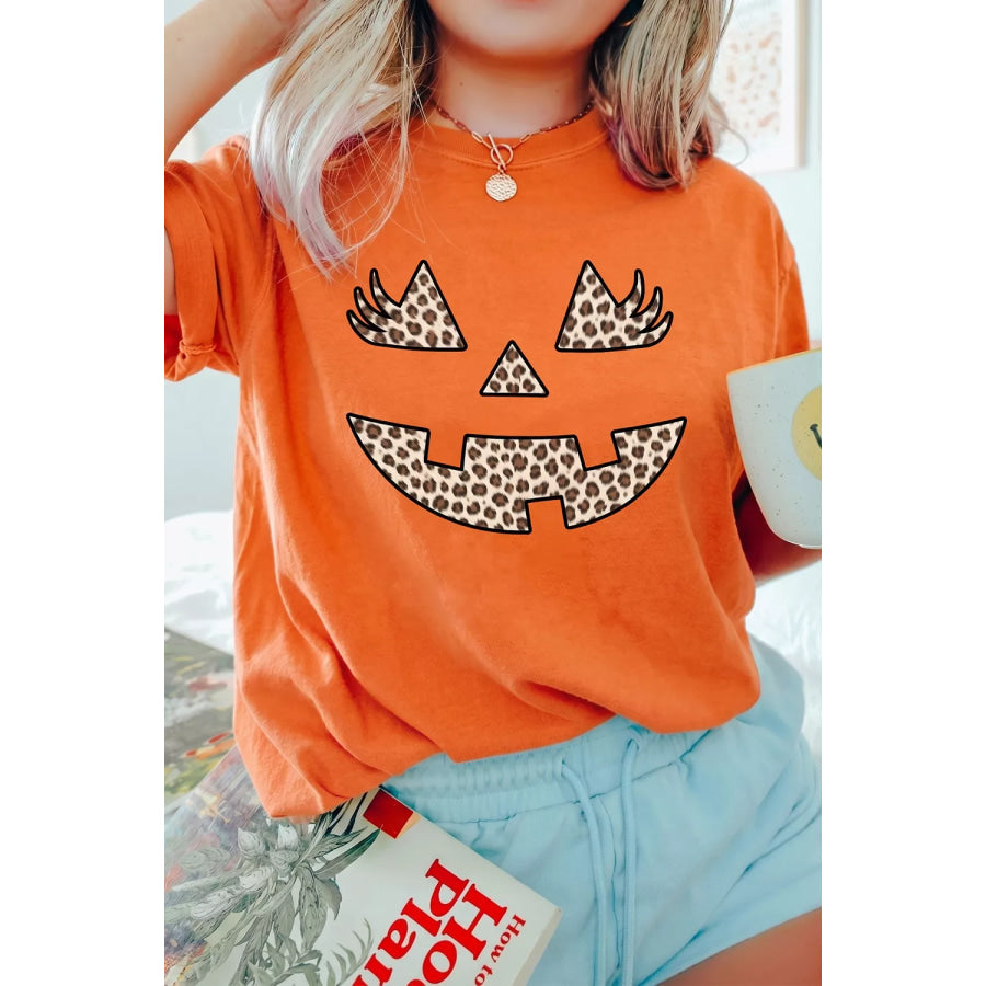 Halloween Pumpkin Face Leopard Graphic T-Shirt Apparel and Accessories