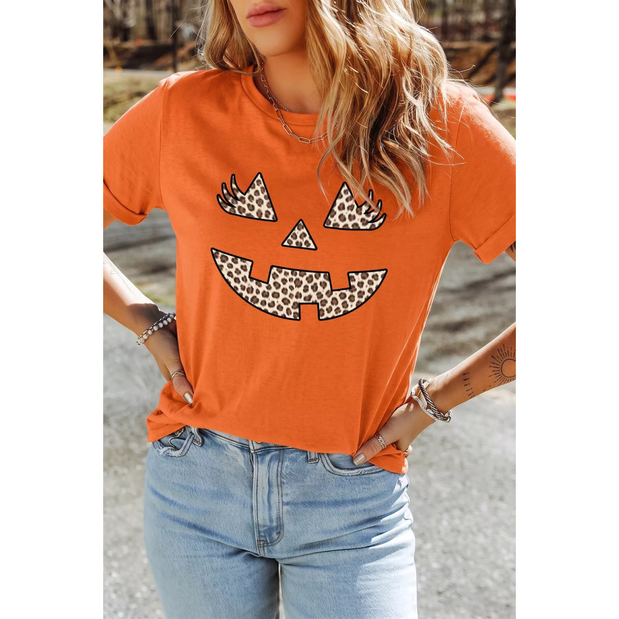 Halloween Pumpkin Face Leopard Graphic T-Shirt Apparel and Accessories