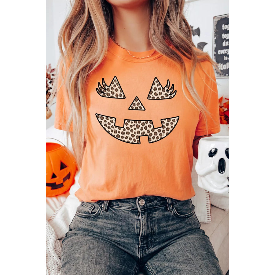 Halloween Pumpkin Face Leopard Graphic T-Shirt Apparel and Accessories