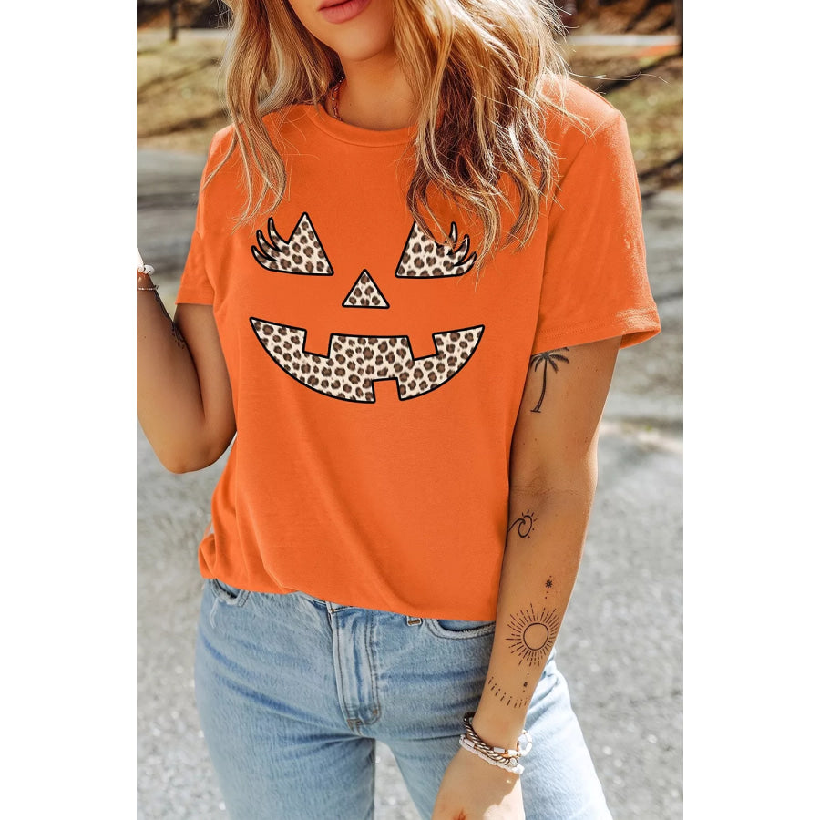 Halloween Pumpkin Face Leopard Graphic T-Shirt Apparel and Accessories