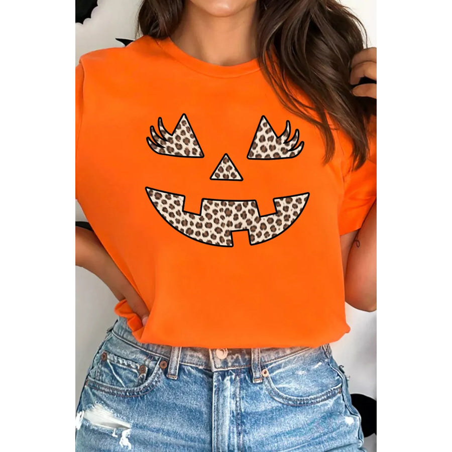 Halloween Pumpkin Face Leopard Graphic T-Shirt Orange / S Apparel and Accessories
