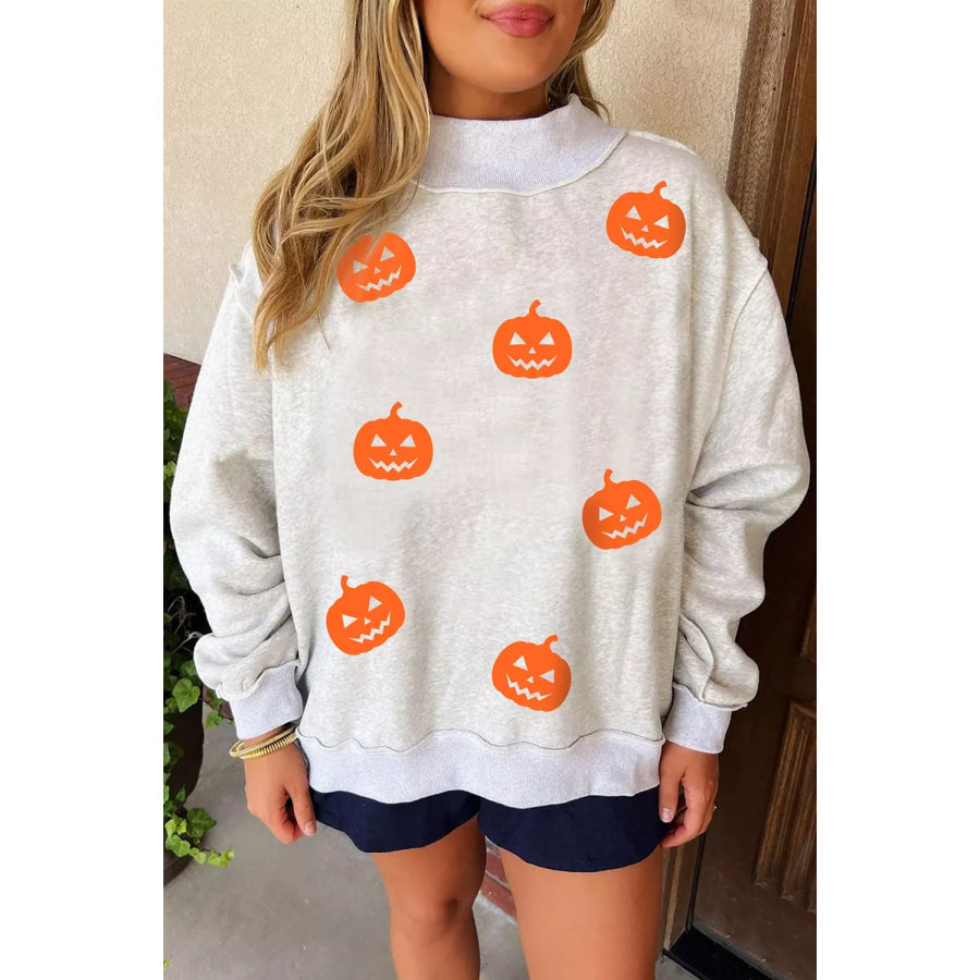 Halloween Pumpkin Face Print Mock Neck Reversible Sweatshirt Apparel and Accessories