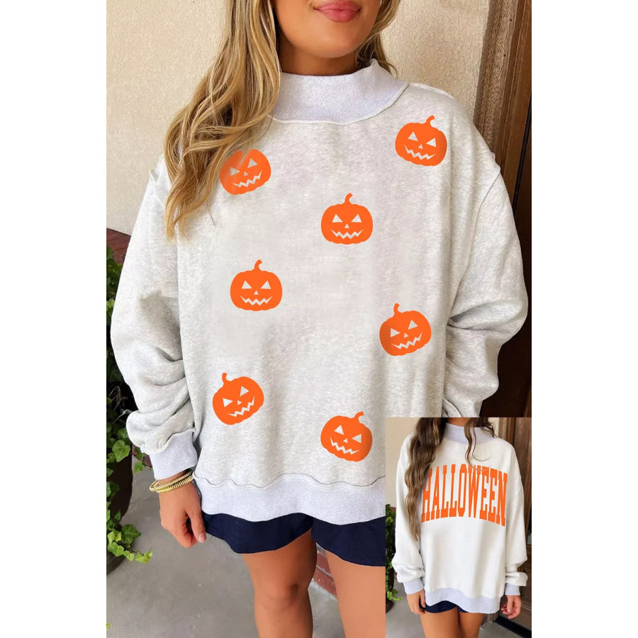 Halloween Pumpkin Face Print Mock Neck Reversible Sweatshirt Apparel and Accessories