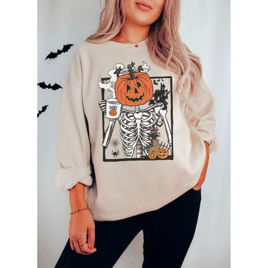 Halloween Pumpkin Floral Round Neck Sweatshirt Beige / S Apparel and Accessories