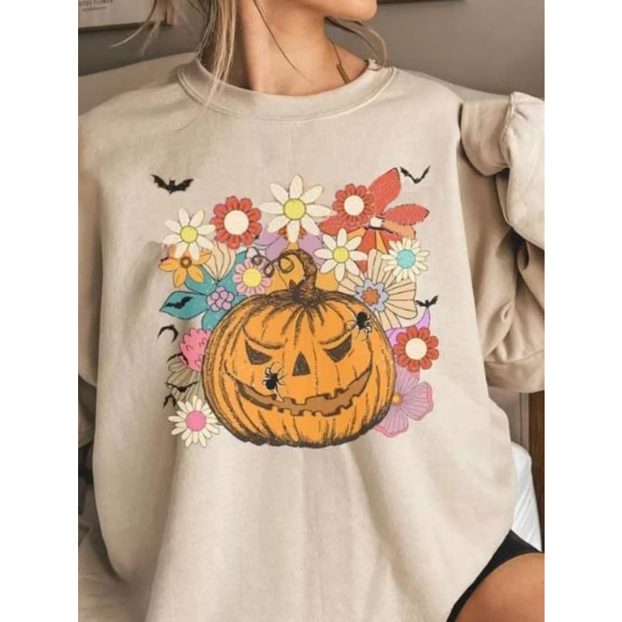 Halloween Pumpkin Floral Round Neck Sweatshirt Tan / S Apparel and Accessories