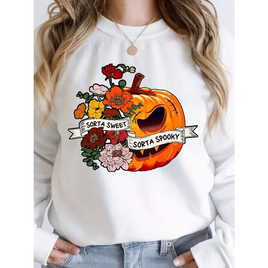 Halloween Pumpkin Floral Round Neck Sweatshirt White / S Apparel and Accessories