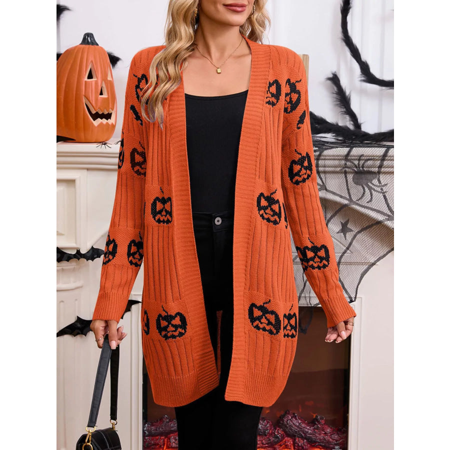 Halloween Pumpkin Open Front Knit Cardigan Apparel and Accessories
