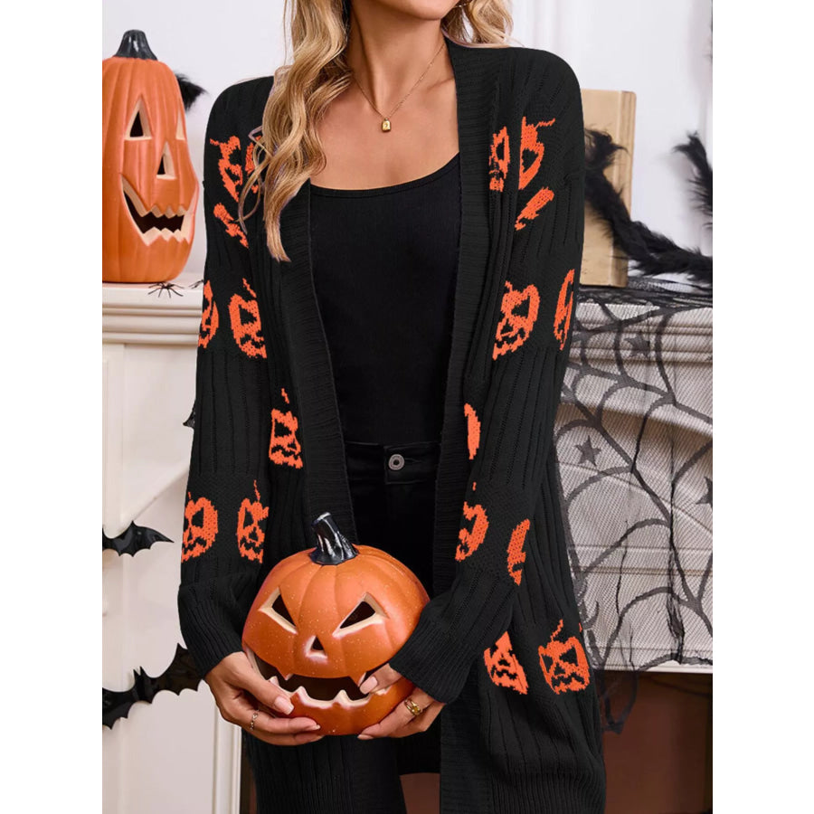 Halloween Pumpkin Open Front Knit Cardigan Apparel and Accessories
