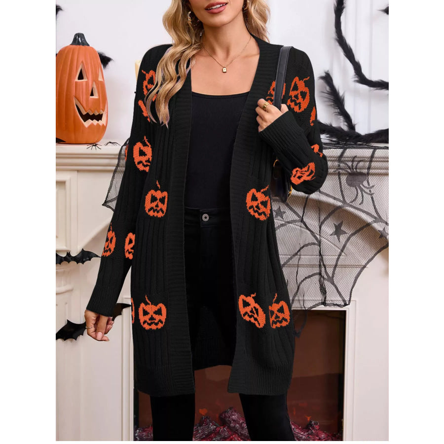 Halloween Pumpkin Open Front Knit Cardigan Black / S Apparel and Accessories