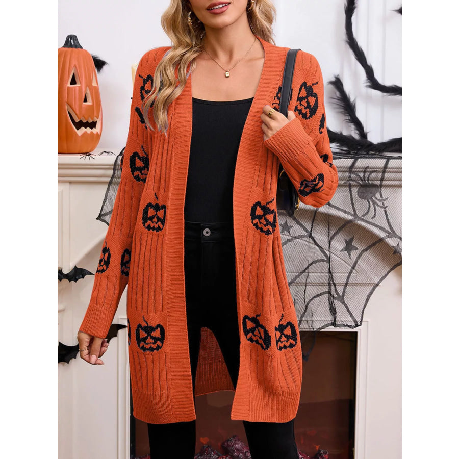 Halloween Pumpkin Open Front Knit Cardigan Orange / S Apparel and Accessories