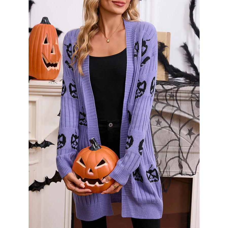 Halloween Pumpkin Open Front Knit Cardigan Purple / S Apparel and Accessories