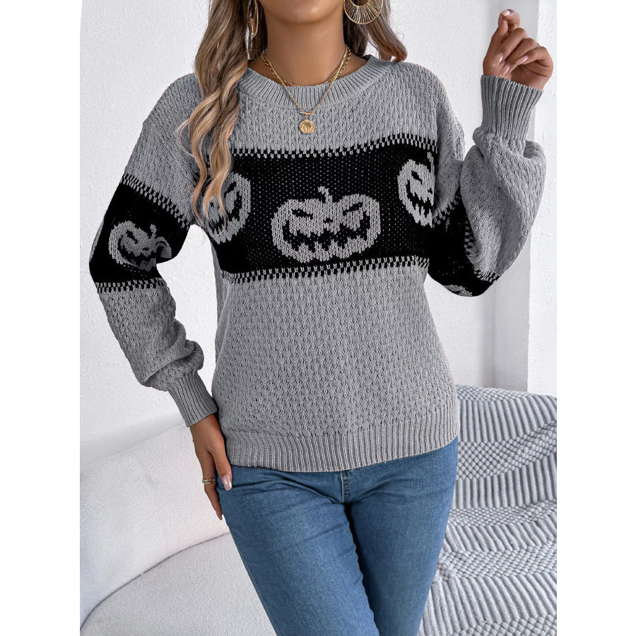 Halloween Pumpkin Pattern Round Neck Sweater Apparel and Accessories
