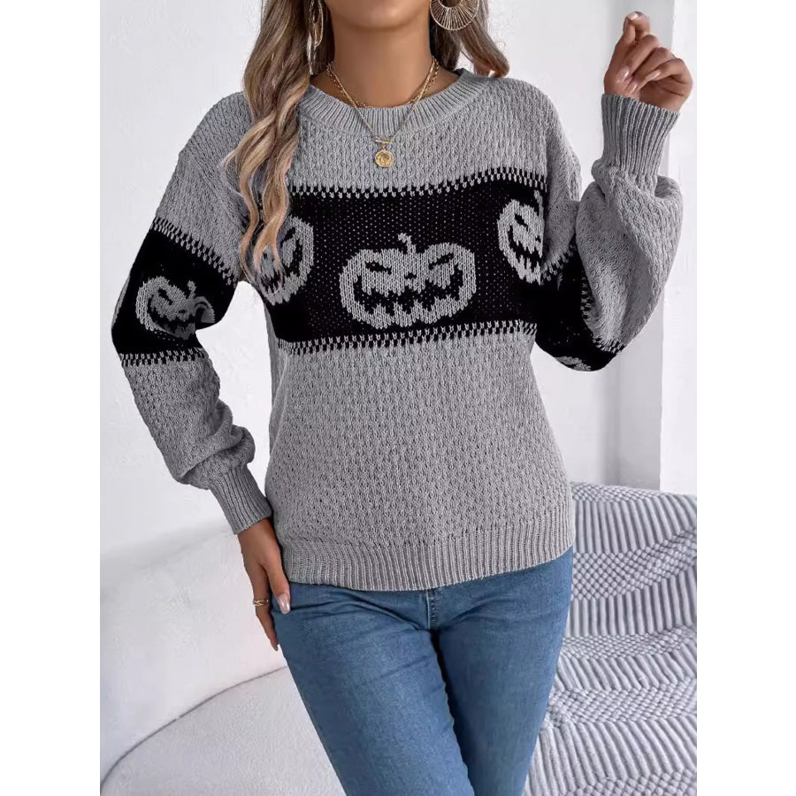 Halloween Pumpkin Pattern Round Neck Sweater Apparel and Accessories