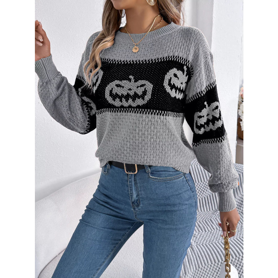 Halloween Pumpkin Pattern Round Neck Sweater Apparel and Accessories