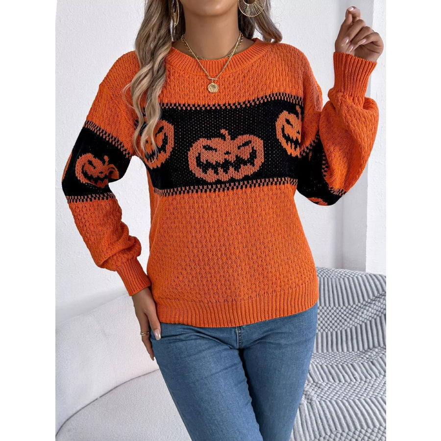 Halloween Pumpkin Pattern Round Neck Sweater Apparel and Accessories