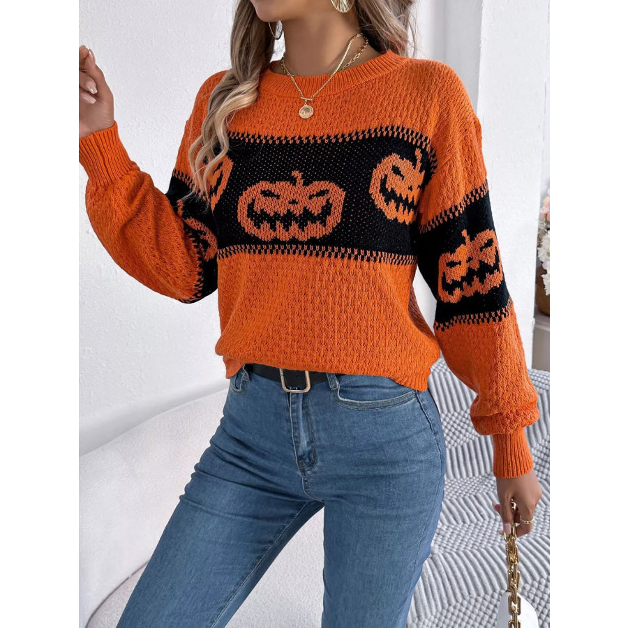 Halloween Pumpkin Pattern Round Neck Sweater Apparel and Accessories