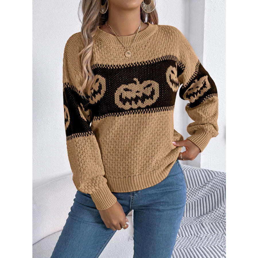 Halloween Pumpkin Pattern Round Neck Sweater Camel / S Apparel and Accessories