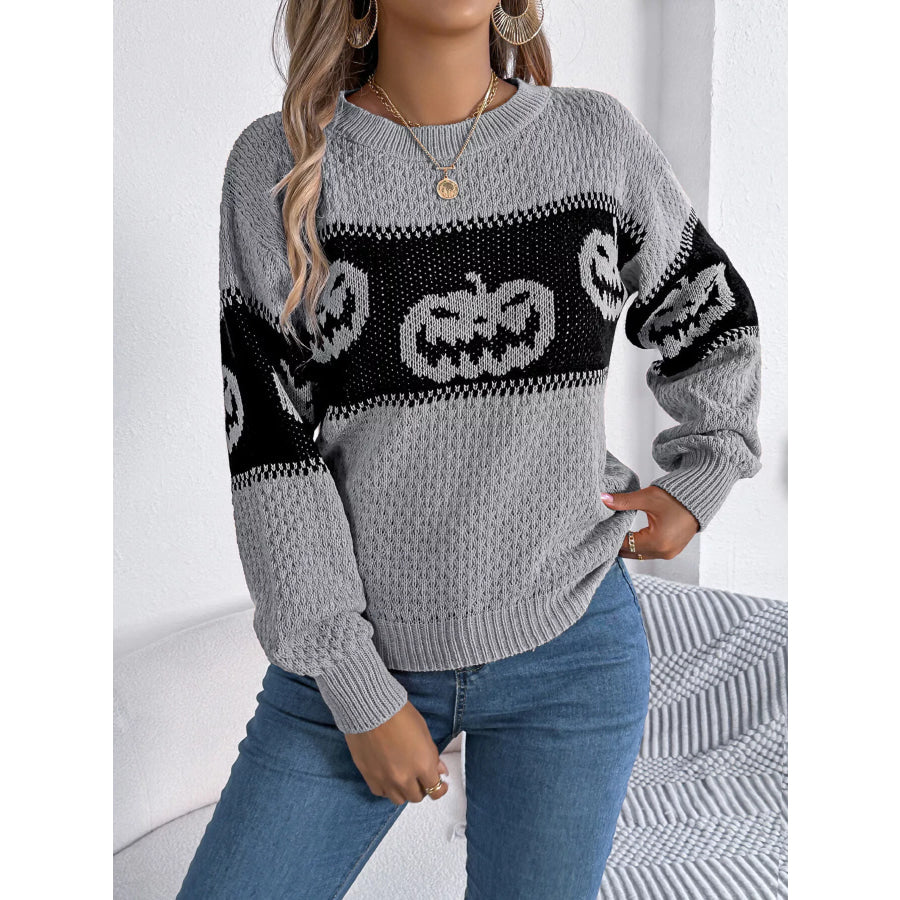 Halloween Pumpkin Pattern Round Neck Sweater Gray / S Apparel and Accessories