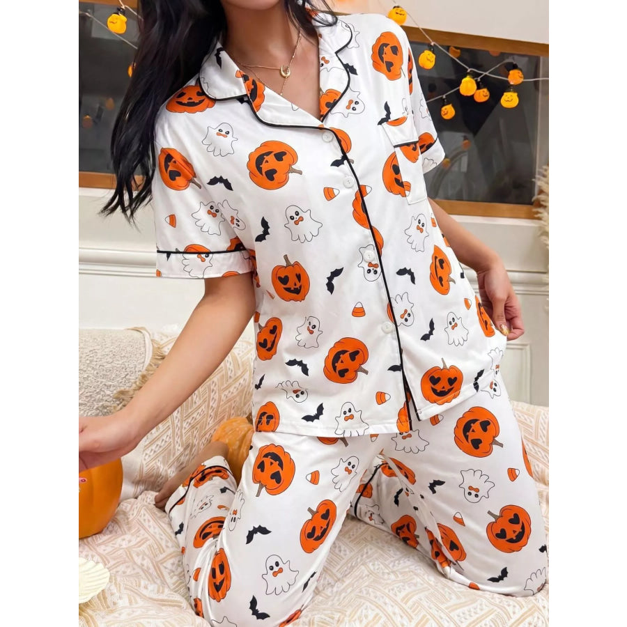 Halloween Pumpkin Print Button-Down Top and Pants Set Apparel Accessories
