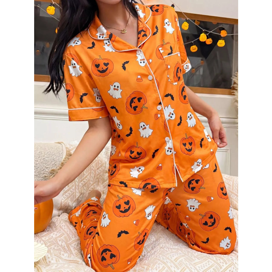 Halloween Pumpkin Print Button-Down Top and Pants Set Apparel Accessories