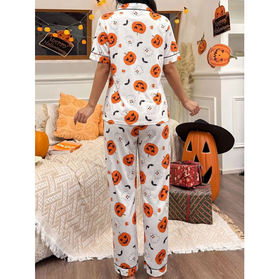 Halloween Pumpkin Print Button-Down Top and Pants Set Apparel Accessories