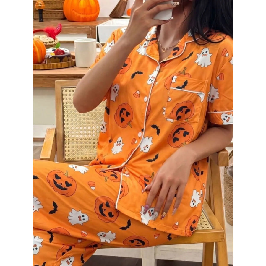 Halloween Pumpkin Print Button-Down Top and Pants Set Apparel Accessories