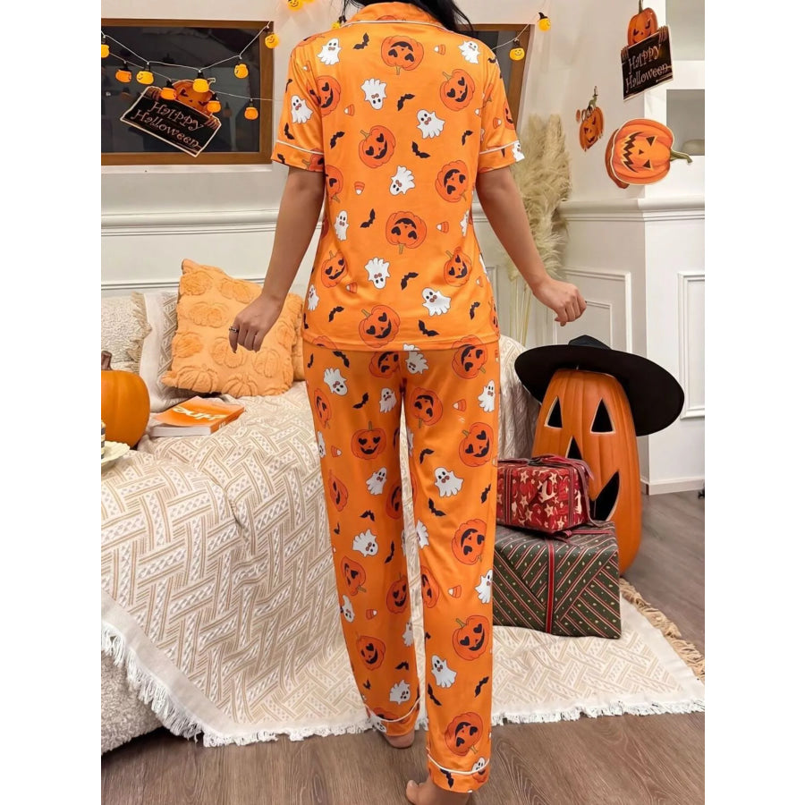 Halloween Pumpkin Print Button-Down Top and Pants Set Apparel Accessories