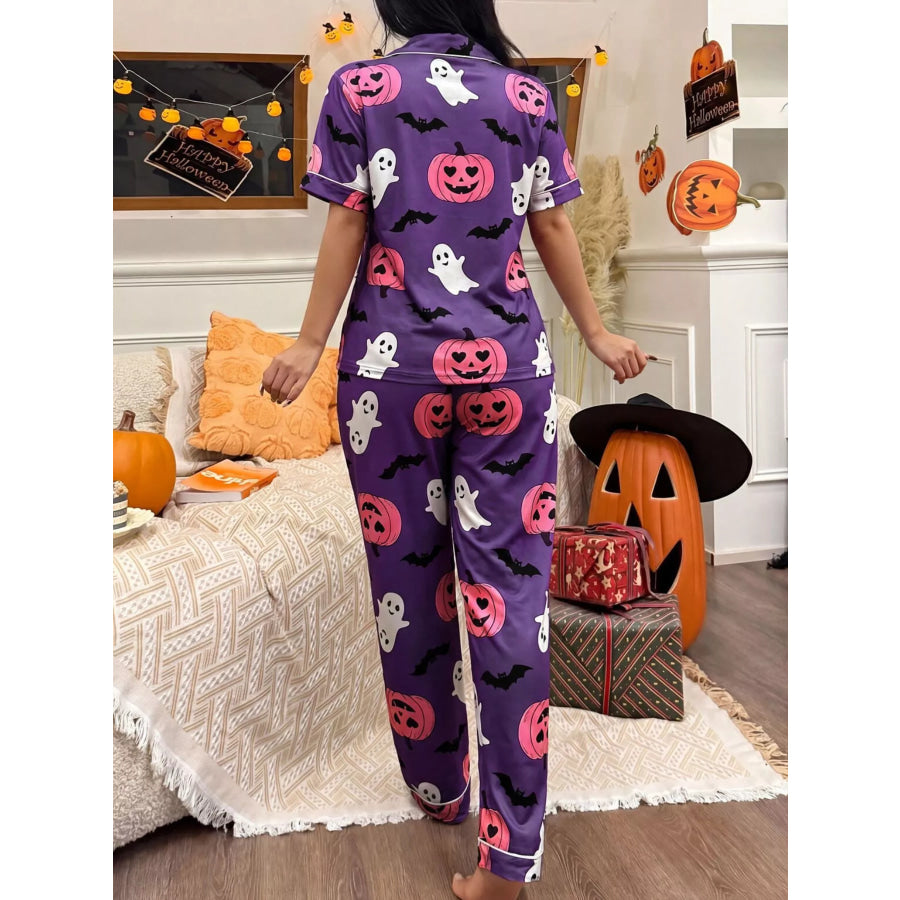 Halloween Pumpkin Print Button-Down Top and Pants Set Apparel Accessories