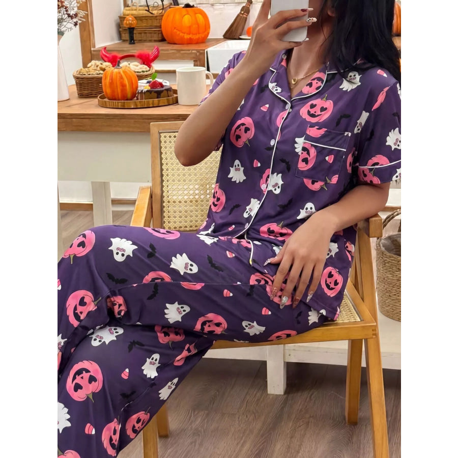 Halloween Pumpkin Print Button-Down Top and Pants Set Apparel Accessories