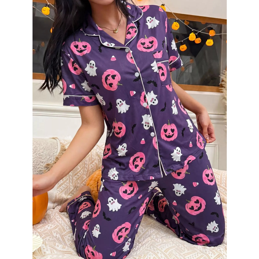 Halloween Pumpkin Print Button-Down Top and Pants Set Apparel Accessories