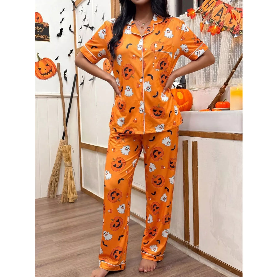 Halloween Pumpkin Print Button-Down Top and Pants Set Orange / S Apparel Accessories