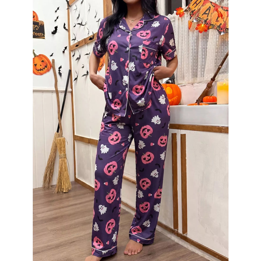 Halloween Pumpkin Print Button-Down Top and Pants Set Purple / S Apparel Accessories