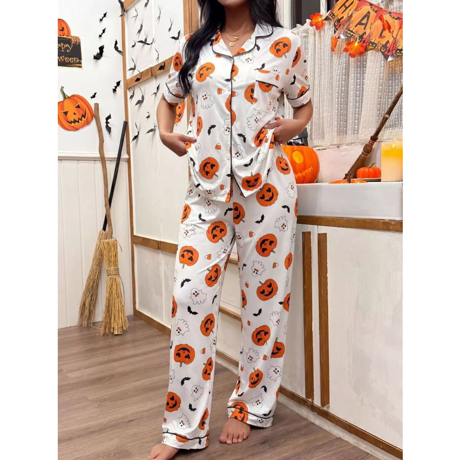 Halloween Pumpkin Print Button-Down Top and Pants Set White / S Apparel Accessories
