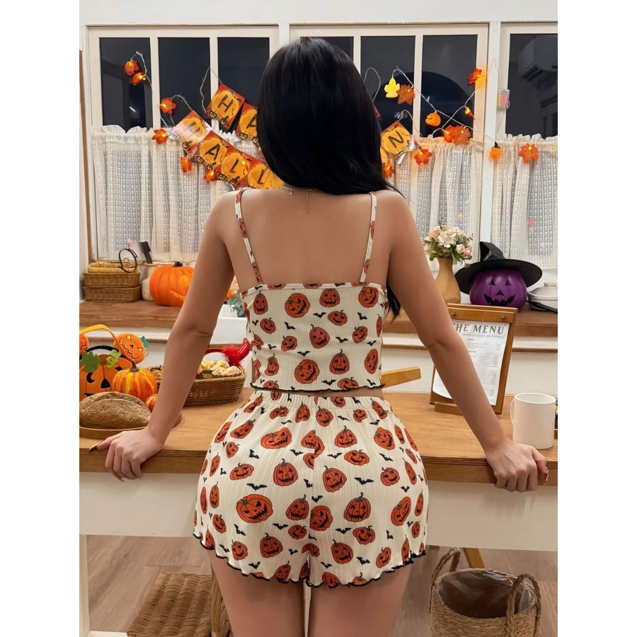 Halloween Pumpkin Print Cami and Shorts Lounge Set Apparel and Accessories