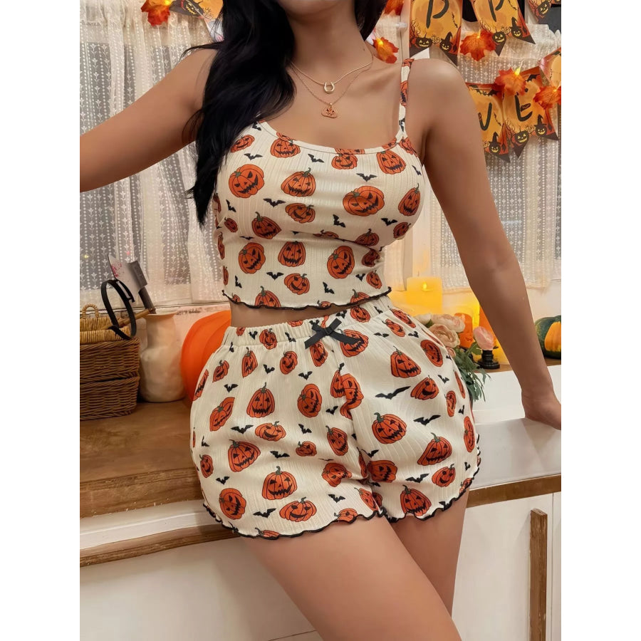 Halloween Pumpkin Print Cami and Shorts Lounge Set Apricot / S Apparel and Accessories
