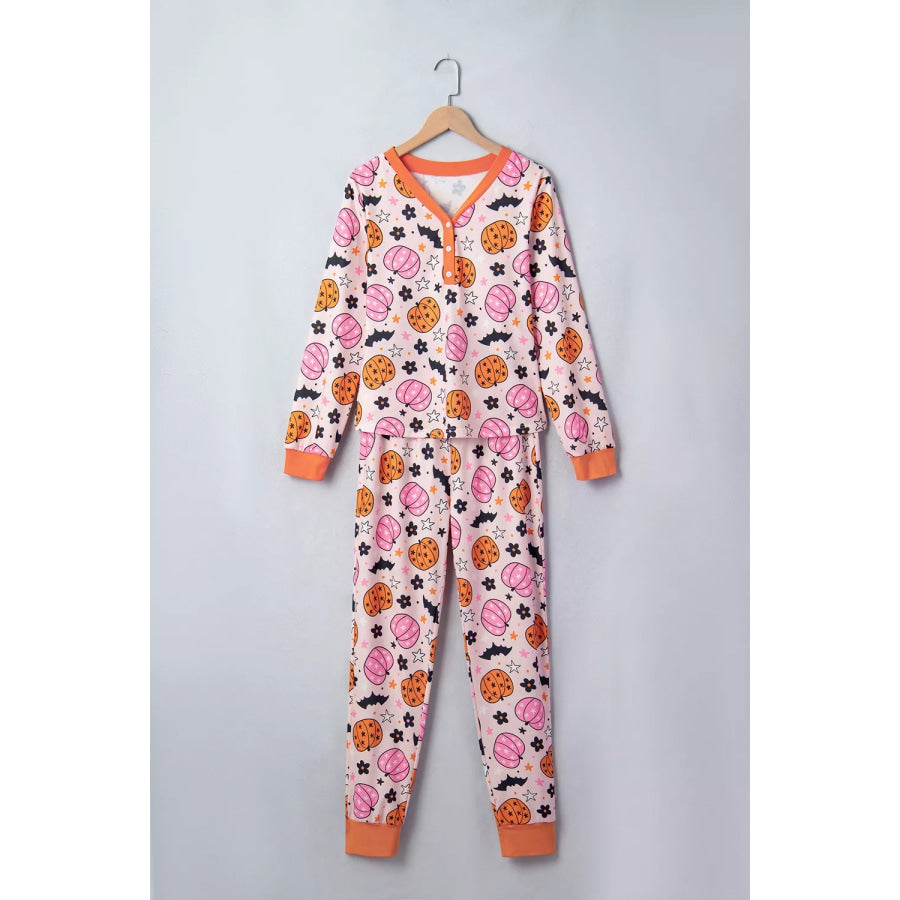 Halloween Pumpkin Print Long Sleeve Home Wear Lounge Set Apparel and Accessories