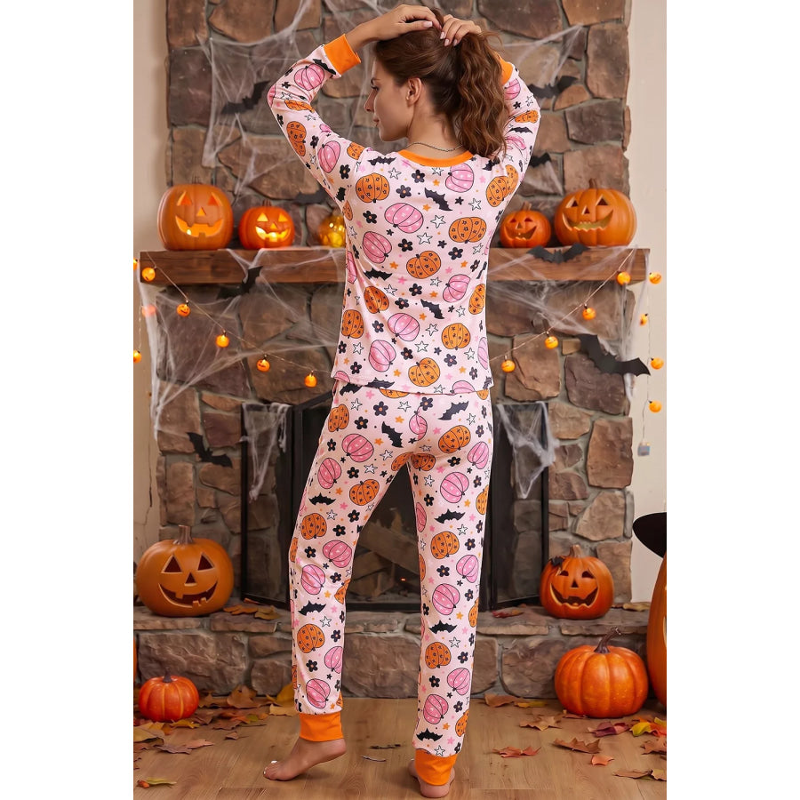 Halloween Pumpkin Print Long Sleeve Home Wear Lounge Set Apparel and Accessories