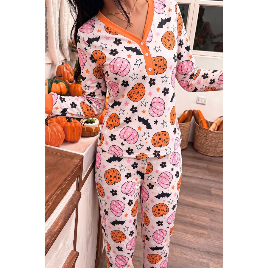 Halloween Pumpkin Print Long Sleeve Home Wear Lounge Set Apparel and Accessories