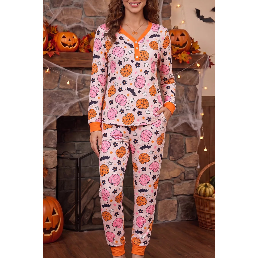 Halloween Pumpkin Print Long Sleeve Home Wear Lounge Set Dusty Pink / S Apparel and Accessories