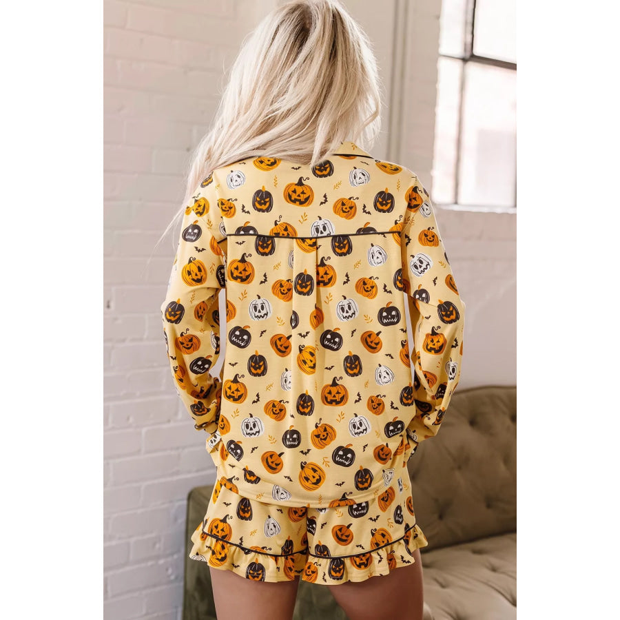 Halloween Pumpkin Print Long Sleeve Two Piece Lounge Set Apparel and Accessories